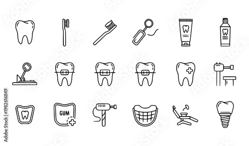 Dental Care and Stomatology Outline Icons Set – Editable Stroke Flat Vector Illustration for Medical UI Design