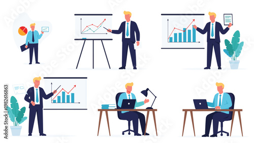 Set of illustrations featuring a professional businessman giving presentations, analyzing charts, and working at his desk with a laptop.