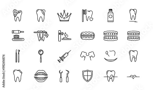 Minimal Dental Line Icons Set – Oral Health and Stomatology Editable Stroke Vector Pack Isolated on White