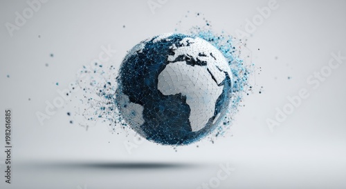 A futuristic, abstract representation of the Earth appears to be deconstructing into a network of interconnected particles, symbolizing global connectivity and technological advancement.