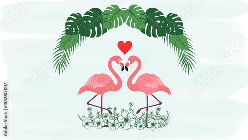 Tropical illustration featuring two pink flamingos forming a heart shape, surrounded by lush monstera and palm leaves and white flowers.