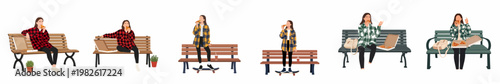 Flat Vector Illustration Set of a Young Woman Wearing Plaid Shirts and Enjoying Pizza Slices on Park Benches