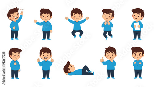 Collection of ten different poses and expressions for a young boy character, from waving and jumping to thinking and lying down.