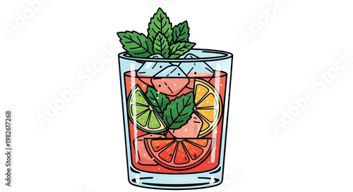Refreshing cocktail, fruity drink, vector illustration, mint leaves, citrus slices