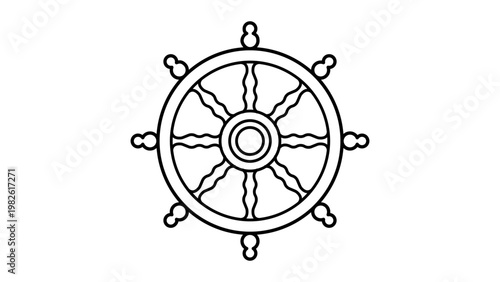 A clean minimalist black line vector icon of a Dharma Wheel on a white background, representing the Buddhist Dharmachakra symbol of enlightenment, path to nirvana, and spiritual teachings.