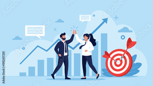 Business professional team celebrates successful milestone with a high five in front of a rising growth chart and bullseye target.