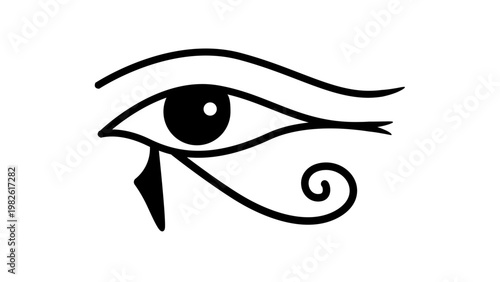 Eye of Horus minimalist black line vector icon illustration on white background, ancient Egyptian symbol of protection, royal power, and good health, hand-drawn scalable outline graphic design.
