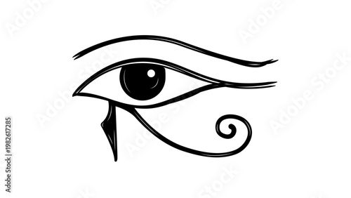 Eye of Horus Egyptian Minimalist Black Line Vector Icon on White Background. This hand-drawn illustration represents protection and royal power. Features an editable stroke for easy customization.