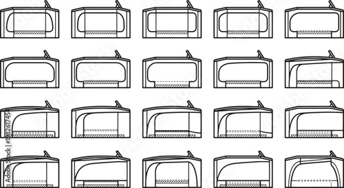 A systematic line drawing showcases an array of technological design concepts and product ideas. The precise arrangement provides a glimpse into the creative process, suggesting innovation.