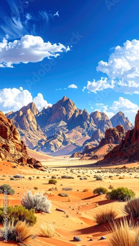 A desert landscape with mountains and blue sky