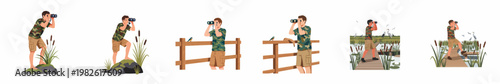 A collection of illustrations showing a man birdwatching with binoculars in various wetland settings like marshes and swamps with boardwalks and wildlife.