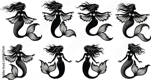 Photography Stylized mermaid silhouettes with flowing hair and fish tails, decorative black