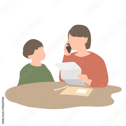 子どもと一緒に書類を確認しながら電話する母親のイラスト