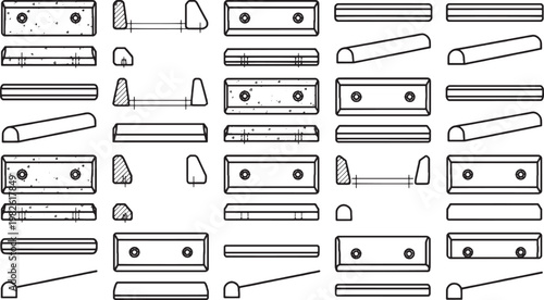 A detailed array of various parking lot bumper stops, showcasing an assortment of designs.