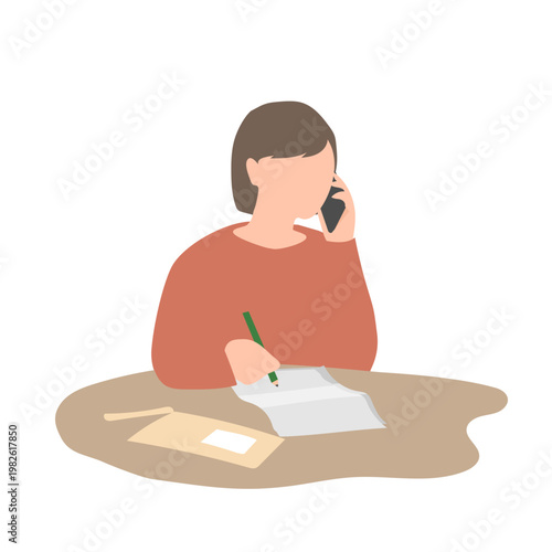 電話しながらメモを取る女性のイラスト