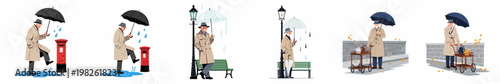 Illustration set of a senior gentleman in a trench coat and hat, carrying an umbrella in the rain and autumn settings.