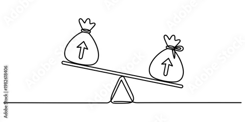 A single continuous line drawing showing two money bags balanced on a simple playground seesaw Vector, illustration
