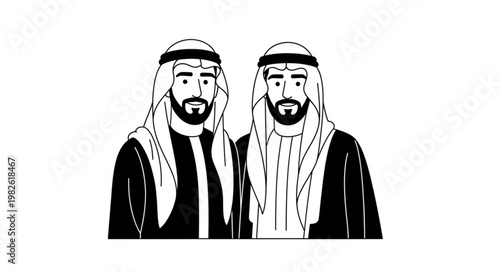 Two Emirati men in traditional attire, standing side by side, looking forward.