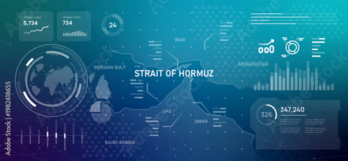 map of the Strait of Hormuz and Persian Gulf with Iran UAE and Oman borders digital data dashboard featuring a stylized geographic including futuristic infographic global network connections and