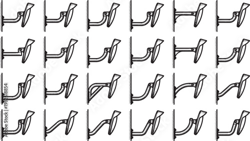 A detailed collection of abstract wrought ironwork, featuring a repeating pattern of decorative metal elements, presented in a minimalist grayscale design.