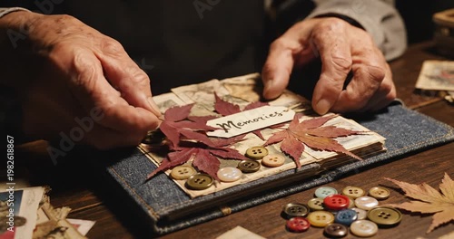 Elderly hands assembling a scrapbook with autumn leaves and buttons on a wooden table