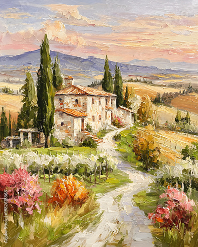 Vertical Thick impasto oil painting of a rustic Tuscan farmhouse nestled among cypress trees and rolling hills, a peaceful Italian countryside scene at sunset for wall art and travel concepts.
