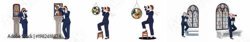 Collection of flat vector illustrations of a professional female photographer in a suit capturing images of colorful stained glass windows in various poses.