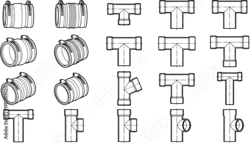 An intricate array of plumbing components, precisely rendered in monochrome, a detailed showcase of essential connectors and fittings.