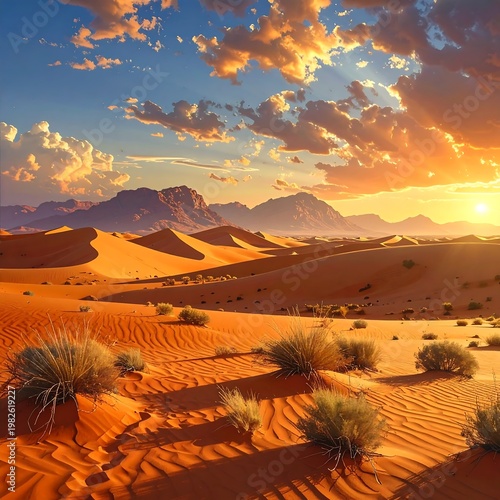 A desert landscape with sand dunes and mountains at sunset