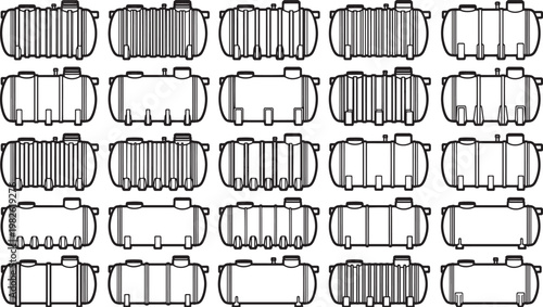 An array of industrial tanks arranged in rows, illustrating a range of storage solutions.