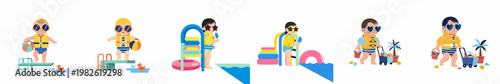 Set of flat vector illustrations featuring toddlers in swimsuits and sunglasses enjoying summer activities at the pool and beach with toys and treats.