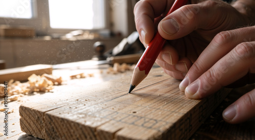 Close up of a carpenter marking a wooden board with a red pencil. Artisan hands drawing lines on timber at a workbench covered in sawdust. Woodworking and craftsmanship concept
