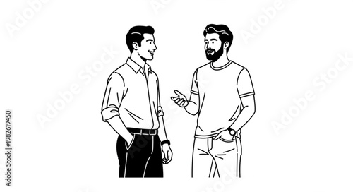 Two men having a conversation, discussing a topic, talking to each other.