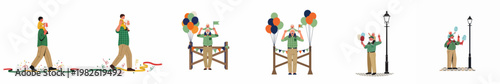 A series of vector illustrations of a grandfather and his grandson enjoying a festive parade or carnival with balloons, confetti and cotton candy.