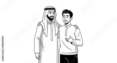 Two men in traditional attire, one with a beard, smiling together.