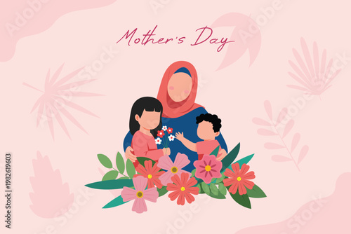Mother And Children Surrounded By Flowers. Mother Day Concept. Vector graphic illustration