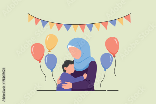 Mother Hugging Child With Balloons. Mother Day Concept. Vector graphic illustration