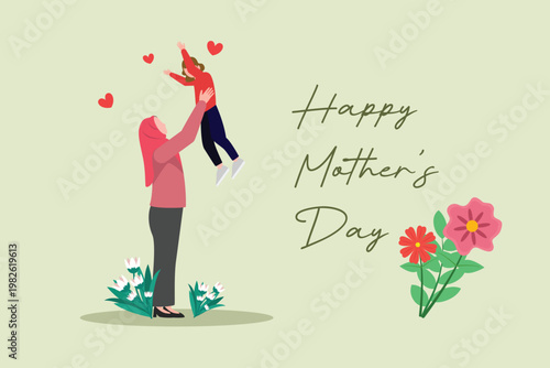 Mother Lifting Child With Love. Mother Day Concept. Vector graphic illustration