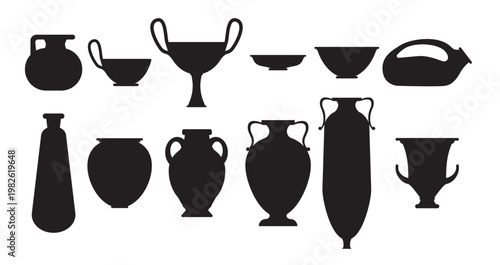 Ceramic objects from the classical period. Rome, Egypt and Greece style. Vector silhouettes.