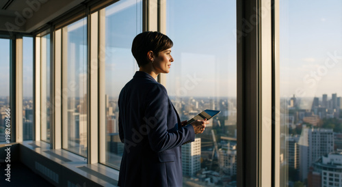 Businesswoman holding a tablet and looking out a high-rise office window at the city skyline. Corporate executive woman contemplating strategy at sunset