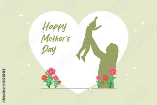 Silhouette Mother Lifting Child In Celebration. Mother Day Concept. Vector graphic illustration