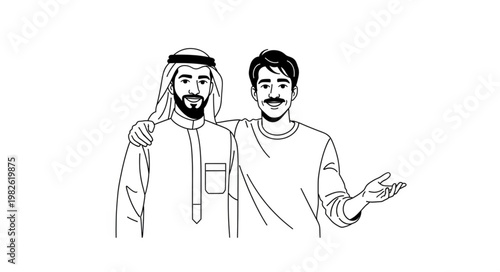 Two men of different ethnicities standing together, arm around shoulder, friendship.