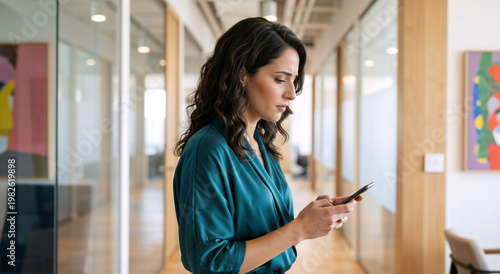 Serious businesswoman reading a message on her smartphone in a modern office. Professional woman standing in a corporate hallway using a mobile phone. Blurred background with copy space