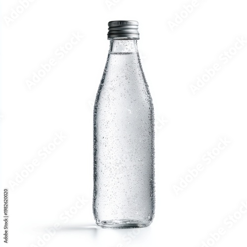 Clear sparkling water PET bottle with condensation and bubbles, isolated on white background