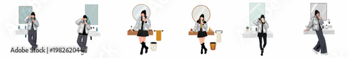 Six illustrations of a young woman in various trendy outfits including a silver puffer jacket taking mirror selfies in different bathroom settings.