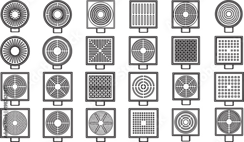 A comprehensive array of meticulously crafted optical test targets, demonstrating geometric precision and engineering artistry. These targets, arranged in a grid-like configuration.