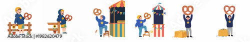 Cartoon illustrations of a boy holding a large pretzel at an autumn festival featuring a ticket booth, sunflowers, and hay bales.