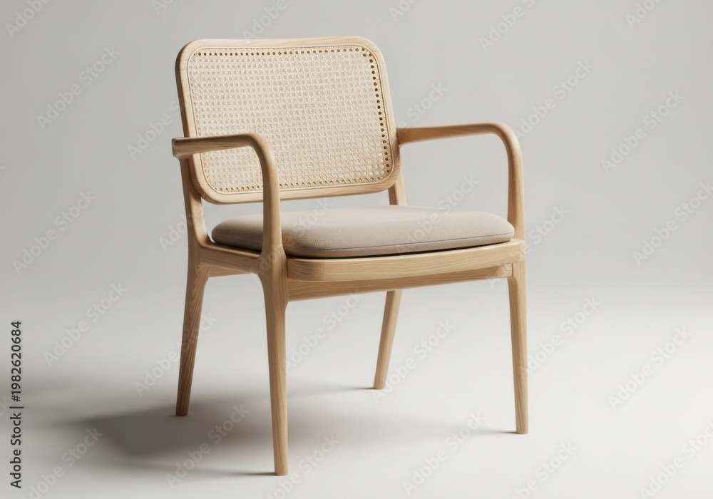 Obraz premium Modern wooden chair with woven backrest and cushioned seat