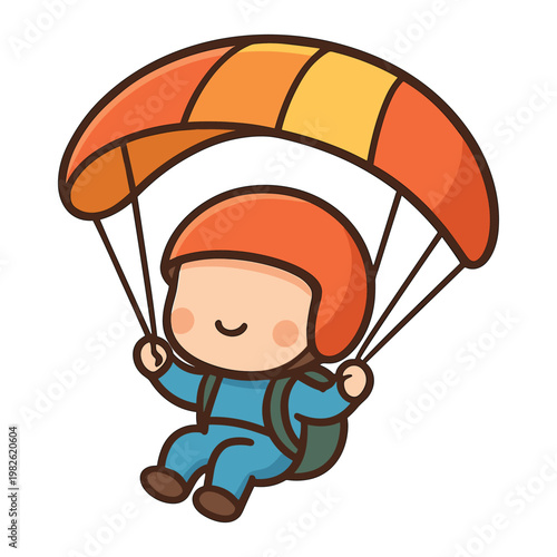 Child parachuting with orange helmet and parachute