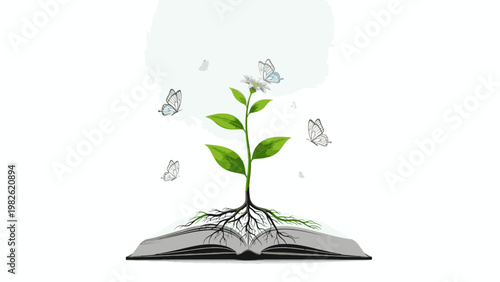 Illustration of a green plant growing out of an open book with butterflies flying around it on a white background.